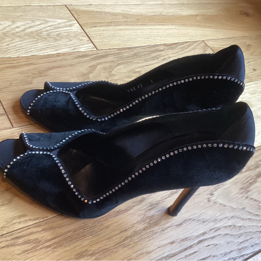Versace black velvet rhinestone trim heels